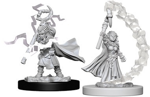 An image of both included female gnome sorcerers. Left: holding a staff high and casting some kind of lightning effect, cloak billowing out behind. Right: standing firm and holding high an implement to cast some kind of flame or water effect. (Front Views)