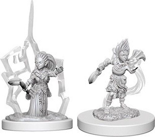 An image of the two female gnome druids included in this pack. Left: deep in thought, left hand held out spellcasting while the entire mini is surrounded by a lightning effect. Right: mid-gesticulation, casting with somatic components, producing some airy spell effect. (Front View)