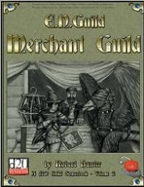 E.N. Guilds Merchant Guild PDF cover features a medieval illustration of a hooded figure with a large bird, gold text on muted green background in a fantasy RPG design by Richard Garber for D20 systems.