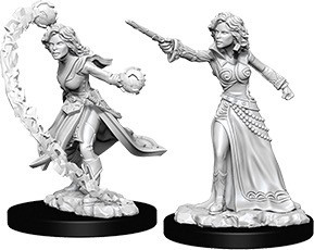 An image of the two included versions of the female human wizard. Left: casting an aggressive flame effect, robes billowing and face determined. Right: stepping forward with right arm outstretched to use a wand. (Front View)