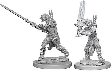 An image of both versions of the included female human barbarian. Modeled after the iconic human barbarian, Amiri, she is dressed in furs and wields an uncomfortably large sword. (Front View)