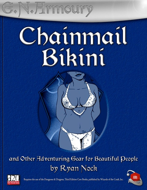 E.N. Armoury Chainmail Bikini PDF for fantasy roleplaying gear. A woman wears white chainmail bikini on a blue background with silver accents and the E.N. Armoury logo, designed for D20 system. PDF download available.