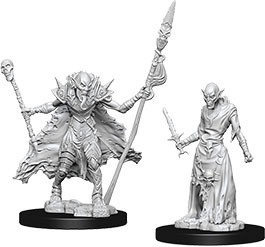 An image of the two included ghouls. Left: tongue out, wearing a heavy, spiked jacket and wielding a spear in the left hand and a beskulled scepter in the right. Right: posing demurely with a modest blade in the right hand. (Front View)