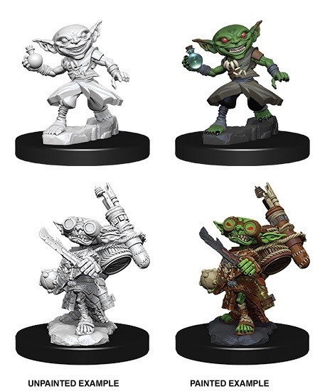 A four quadrant image showing both painted and unpainted versions of both versions of the included male goblin alchemist. (Front View)