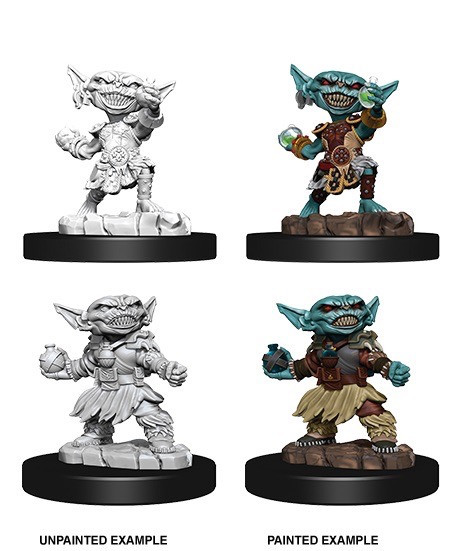 A four quadrant image showing unpainted and painted versions of both included female goblin alchemists. (Front View)