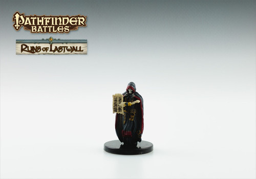 An image of a somber skeleton in encompassing, dark, hooded robes. Its eyes seem to be cast downwards humbly as it holds up a tattered tract with its bony arms. (Front View)