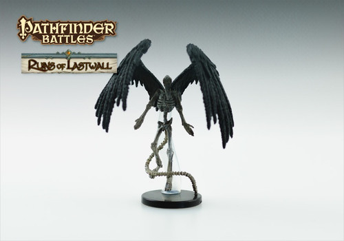 This humanoid skeleton has black raven wings, a long tail, and a polished vulture-like mask where its face should be. (Front View)