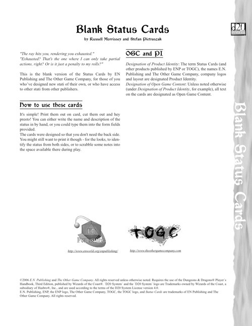 d20 Status Cards PDF, a digital download featuring blank status cards for tabletop gaming with OGC and d20 branding, on a white background, ideal for RPG players.