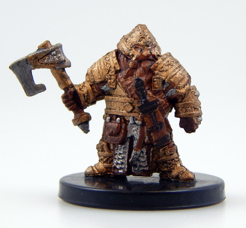 An image of an aggravated, brown-bearded, dwarf soldier in head to toe heavy bronze armor, wielding a broad axe in one hand. (Front View)