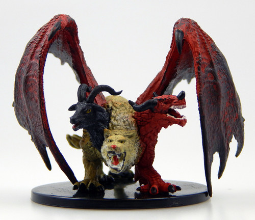 This monster has leathery, red, dragon wings sprouting from the body of a cave lion, though two more heads flank its central feline one: those of a red dragon and a horned, black goat. (Front View)