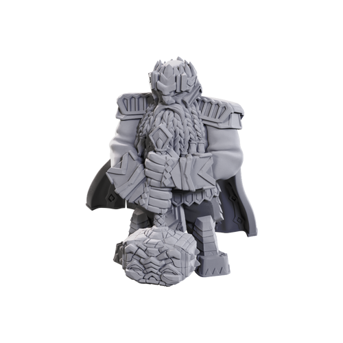 An image of the contained male dwarf champion high-level miniature. He wears blocky, angular, heavy armor and a long cloak, both of his gauntleted hands clutch firmly the handle of his very large, carved hammer. His thick beard is full of braids and small, ornate decorations. (Front View)