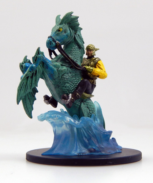 The Wave Riders of Absalom are the hippocampus-mounted light cavalry unit that protects the isle of Kortos and Absalom's harbor. This blue green, heavily finned, hippocampus rears out of a crashing wave, its rider clad in a yellow shirt and dark pants covered in bronze armor holding on tightly in its saddle. (Side View)