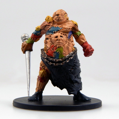 Skinstitches' hulking frames are made from flayed humanoid skin stuffed with straw and poisonous insects. This large, skin-quilt of a creature has multiple faces sewn into its abdomen, peeking out from a dark, cloth, wrapped skirt around its waist. One one mismatched hand it holds some kind of crude, blunt weapon. (Front View)