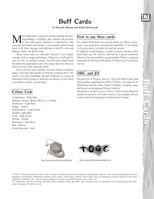 Buff Cards PDF by Elisabeth Sluijters and Stefan Durand, a printable download detailing game instructions and colour codes, featuring a comprehensive list on a white background in  A4 size for colour-coded gameplay.