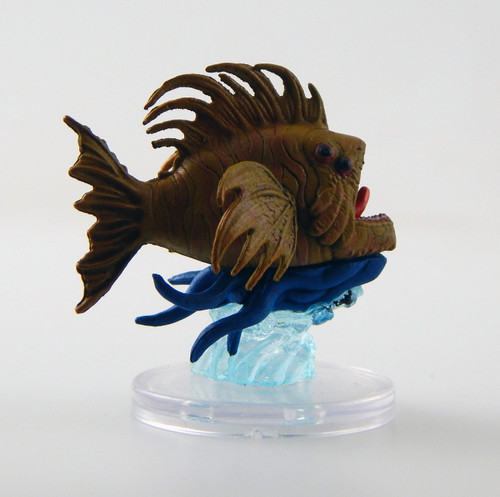 Several water-dripping tentacles sprout from this four-eyed fish’s belly, while long fins protrude from its back. (Side View)