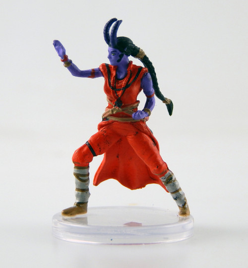 This purple-skinned hellspawn woman strikes a sturdy martial arts pose wearing bright orange shaolin monk garb. Around her neck is a long mala with a pendant of Asmodeus's pentagram. Her long dark hair flows behind her in a thick braid. Two long horns jut from her forehead and curve up to gently point behind her. (Front View)