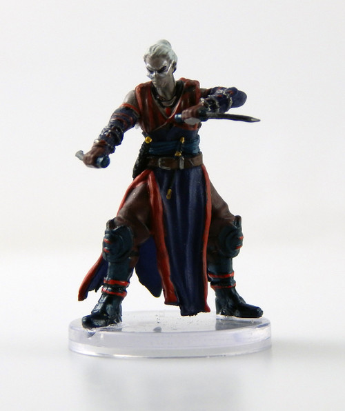 An image of a determined looking, bespectacled half-elf with pale gray skin and stark white hair. They wear sleeveless dark blue robes with crimson accents and long matching bracers wrapped in chains on their arms. Each hand reverse grips a dagger ready to strike.