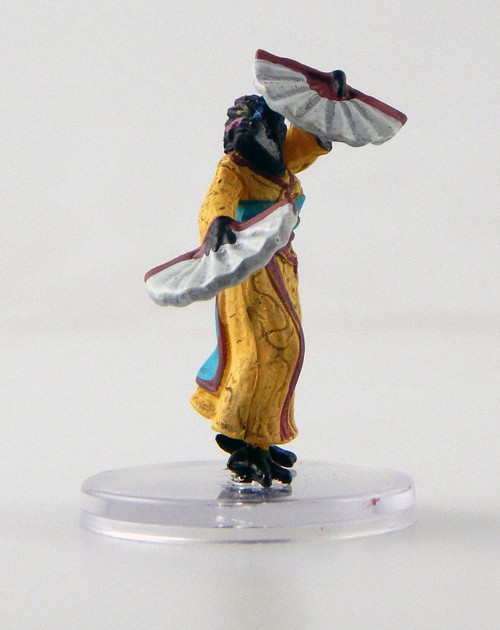 A beautiful tengu bard in a warm yellow kimono with a subtle floral print and scarlet and light blue accents. She dances with breezy grace on her taloned feet, each hand carefully posturing an open paper fan. (Front View)