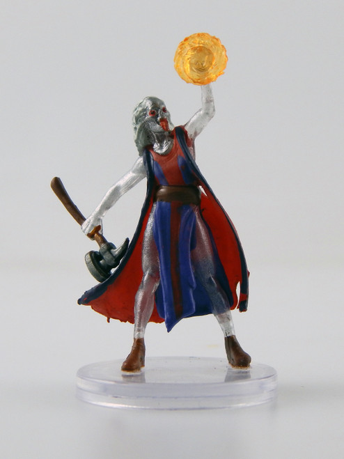 This fanged humanoid has hideously transparent skin, revealing the vivid colors of internal organs and ivory bones inside its body. It wears loose blue and red robes flapping in the breeze and activity. In one hand it holds a modest war hammer while the other hand is held high and surrounded by bright orange magical effect. (Front View)