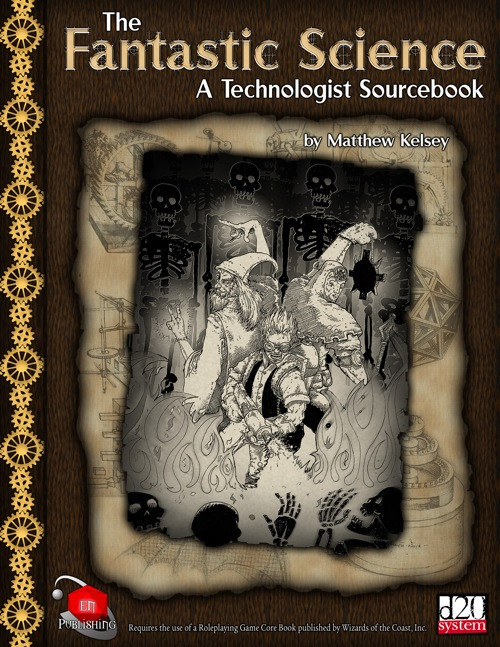 Technologist sourcebook PDF, "The Fantastic Science" by Matthew Kelsey, featuring a steampunk-style cover with brown background, gold accents, and illustrations of people, gears, and skulls,  published by Dreamscape, a science fiction literature source.