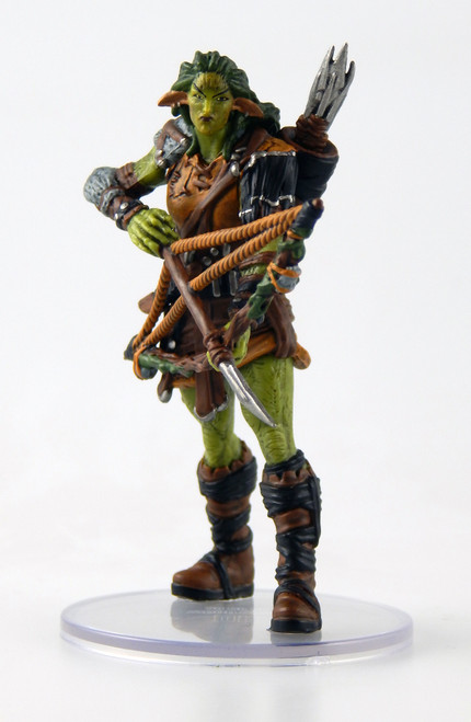 Standing tall and graceful, this sharp-eared giant’s skin is a pale green. She wears hide armor and carries a bow with a nocked arrow. (Front View)