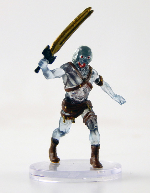 This fanged humanoid has hideously transparent skin, revealing the vivid colors of internal organs and ivory bones inside its body. It wears boots, a loincloth, and a series of leather straps. Above its head it swings a large, ugly, forked sword. (Front View)