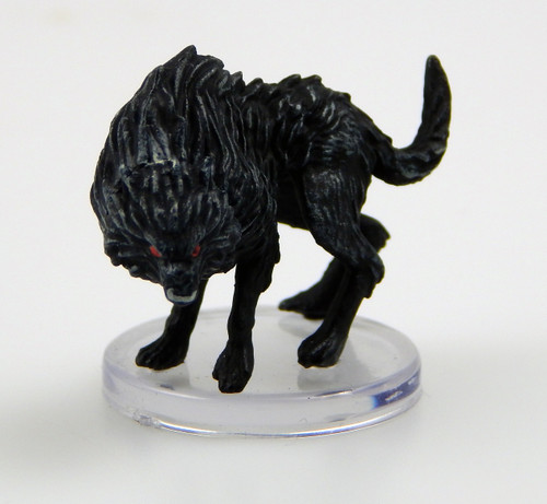 This unusually large wolf has an evil, almost intelligent light shining in its deep red eyes. Its thick black coat of fur is thickest around its head and shoulders like the mane of a male lion. (Front View)