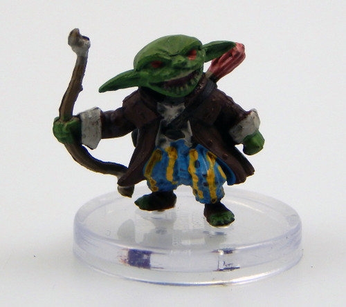 An image of a goblin war chanter bearing a shortbow in one hand. Sharp teeth show in his widely grinning mouth above blue and yellow striped pants and a dapper travelling jacket. On his back rests a quiver of arrows. (Front View)
