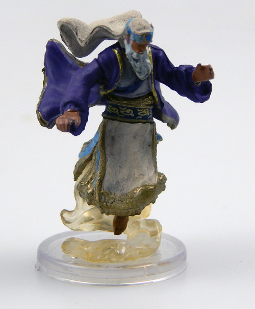 This regal figure looks like a tall, well-proportioned human, save that his bright blue eyes sparkle with strange light. A thick white beard emerges from under his white linen ghutra and light blue agal. His robes are white with a light blue under layer, all hemmed in gold, overtop of which he wears a regal purple coat. Around his waist is a dark, regal blue belt hemmed and patterned in elaborate gold embroidery. (Front View)