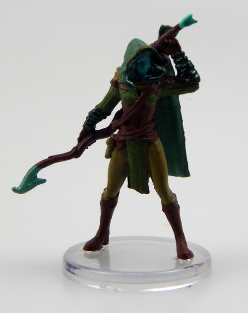 This slender, attractive woman has strangely glowing eyes and a full head of hissing snakes for hair beneath the hood of her green cloak. She wears comfortable forest attire in earthy greens and browns, with tall boots and sturdy bracers to protect her arms from the bow she holds in her right hand. She reaches behind her to grab a fresh arrow from the quiver resting comfortably on her back. (Front View)