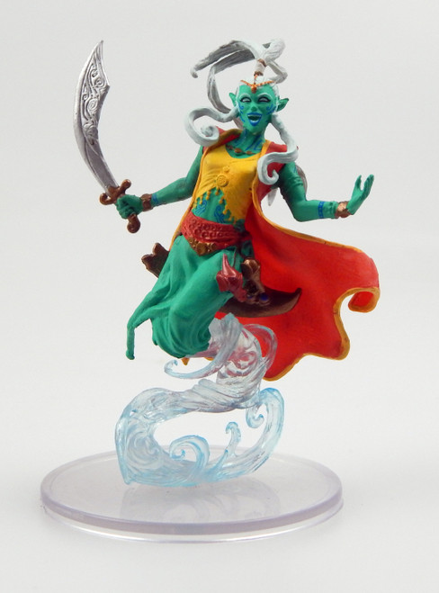 This creature stands nearly twice as tall as a human, although her lower torso trails away into a vortex of mist and wind. She wears a saffron top and bright scarlet jacket that complement her seafoam green skin and light blue tattoos. Her white hair is done up but waving wildly in her self made breeze, and both arms are out in a friendly, welcoming gesture despite her right hand holding a large scimitar. (Front View)