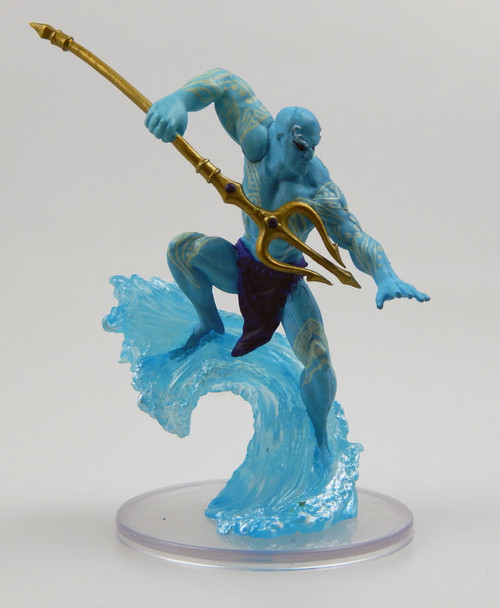 This being resembles a powerful giant with hairless, soft blue-green skin, deep blue eyes, flamboyant eyebrows, and pearlescent tattoos across his body. He wears only a dark blue loincloth as he surfs barefoot along the surface of the waves, hands posed to aim and strike with the wicked, golden trident in his right hand. (Front View)