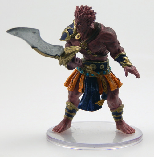This being resembles a towering human with skin of polished stone and glittering agate eyes. He wears scant armor in the form of a single pauldron, two bracers, and two shin guards, with a bright orange and navy tasset belt around his waist. In his hand he carries an obscenely large blade at the ready. (Front View)