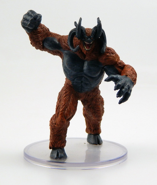 This brown, shaggy-furred beast stands on slate grey hooves. Its head resembles that of a maniacal horned ape. Roaring, its arms are wide and ready to snatch its prey. (Front View)