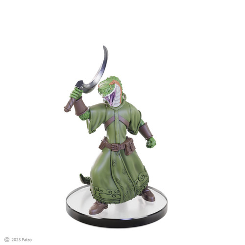 An image of a serpentfolk venom caller in green robes wielding a sickle. (Front View)