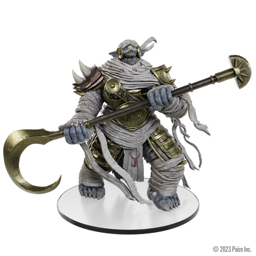 A fantasy figure of a large, blue-skinned humanoid wrapped in white bandages, wearing gold armor, and holding a double-bladed staff with curved blades at each end, standing on a round base.