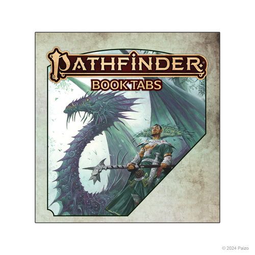 Pathfinder Book Tabs: GM Core cover featuring a regal human wizard villain wielding a deadly pole arm weapon standing in front of a majestic mirage dragon--the cover of the Pathfinder GM Core.