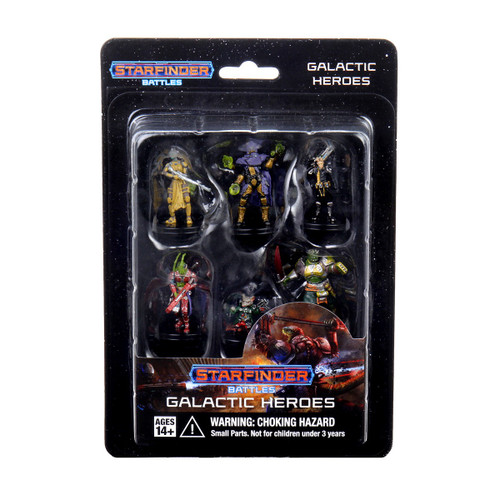 An image of the product packaging. The Galactic Heroes Pack includes:  Android Xenoseeker, Kasatha Thaumaturge, Lashunta Mercenary Commando, Shirren Soldier, Ysoki Technomancer, and Vesk Champion.