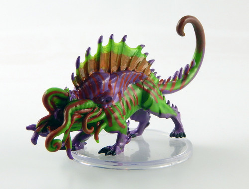 An image of a ksarik. A typical ksarik is a 12-foot-long quadruped made up of dense plant matter, including specialized tissues such as powerful tendons, woody internal supports that resemble bones, and flexible sheets of lignin that serve as a form of armor. Its head is immense and stocky, comprising approximately a dozen feeding tendrils that obscure its underdeveloped mouthparts. Its eyestalks project from either side of its head, providing a wide range of vision that sacrifices much of its ability to see targets immediately in front of it. To make up for this, a ksarik’s feeding tendrils are covered in an array of unusual sensory organs: some can discern the source of smells, while others sense movement and changes in light. (Side View)