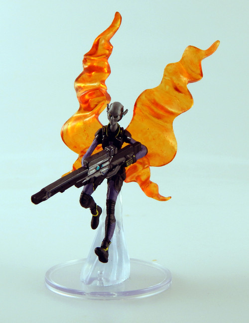 An image of a sarcesian sniper holding a large rifle. Standing between 10 and 15 feet tall with bulbous eyes and spindly, elongated limbs, a sarcesian is able to adapt her physiology to survive in space by suspending her respiration and growing a pair of butterfly-like wings made of pure light. The wings act as solar sails, catching currents of radiation to propel her between the handful of inhabited asteroids and space platforms within the Diaspora. (Front View)