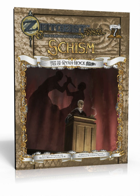 ZEITGEIST #7: Schism PATHFINDER RPG PDF cover art features a man at a podium amidst silhouettes with gold and brown design elements, published by [Publisher's name], for the PATHFINDER role-playing game.