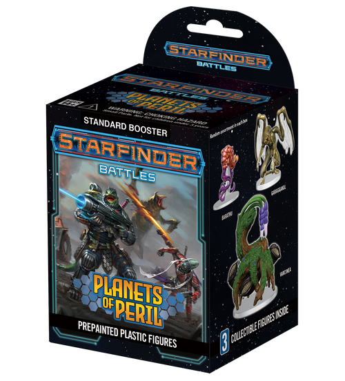 An image of the product packaging. A standard miniatures single booster with Starfinder branding and "PLANETS OF PERIL" logo.