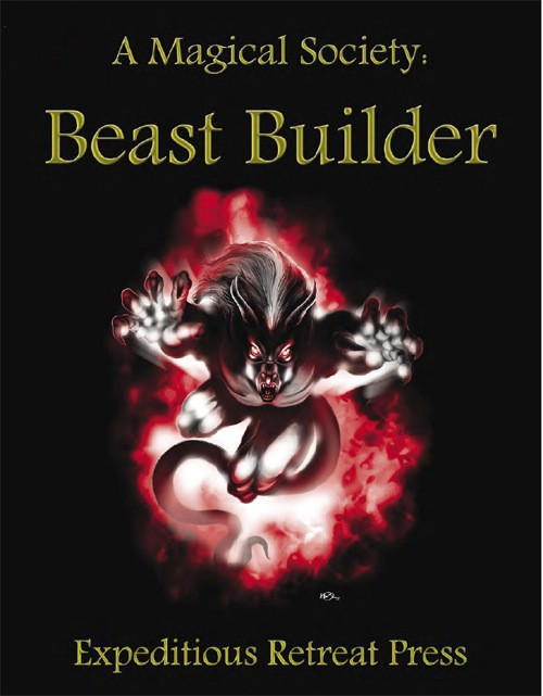 A Magical Society: Beast Builder book cover featuring a dark creature with glowing red eyes and fur on smoky red background, published by Expeditious Retreat Press in black and yellow text, 224-page monster-making guide.