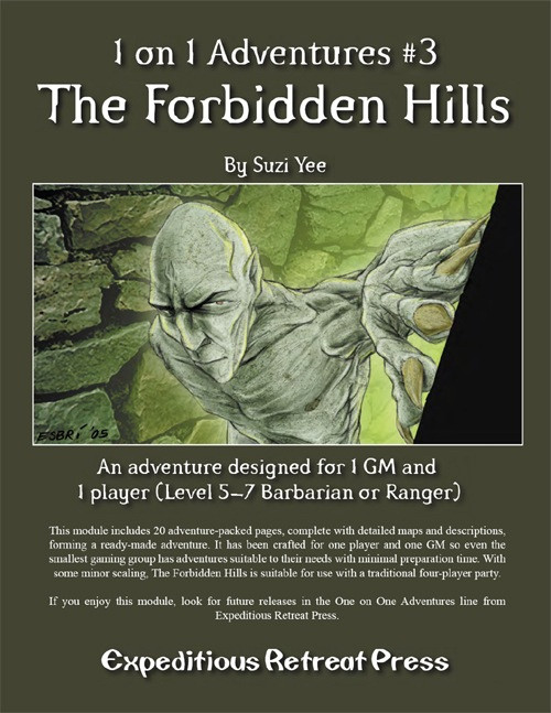 1 on 1 Adventures #3: Forbidden Hills, a tabletop adventure game module cover featuring a muscular humanoid creature and stone background by Suzi Yee, for role-playing games.