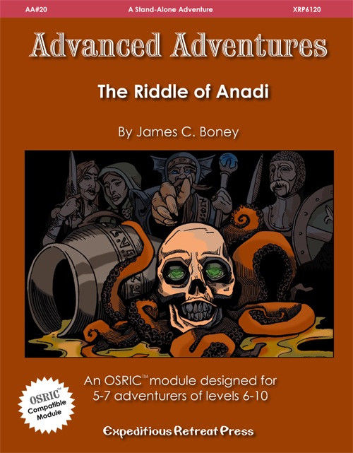 Advanced Adventures #20: The Riddle of Anadi PDF cover featuring a green-eyed skull surrounded by dwarves and tentacles, an OSRIC module for 6-10 level adventures.