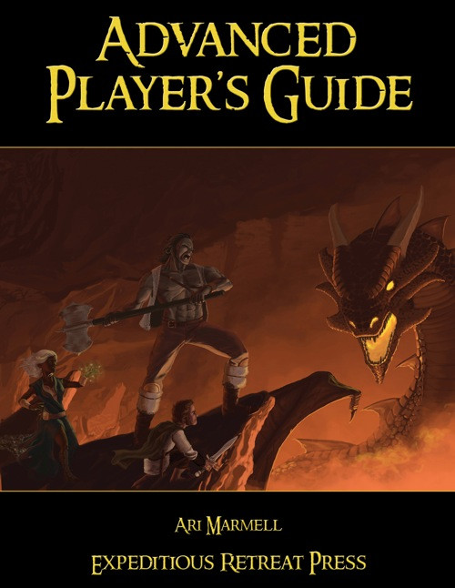 A cover of Advanced Player's Guide (GSL) PDF, a 4th Edition Dungeons & Dragons resource by Ari Marmell, published by Expeditious Retreat Press, featuring a dramatic scene with a dragon, 112-page PDF.