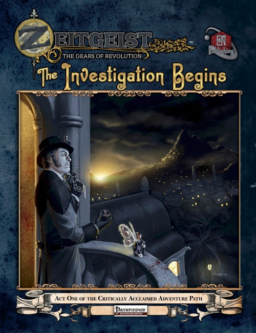 Pathfinder RPG PDF cover featuring a gentleman in suit and hat looking out at a nighttime cityscape with a clockwork device, Pathfinder RPG and fantasy elements, Zeitgeist campaign, PFRPGP, game setting, adventure supplement.