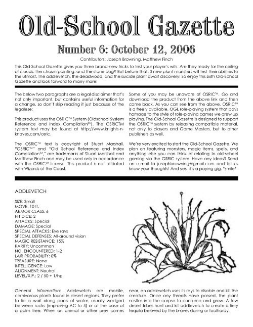 Old-School Gazette #6, a 5-page OSRIC PDF supplement featuring black and white illustrations of Addlevetch, Deadwood, and Suicide plant monsters, with text describing new tricks and monsters for players.
