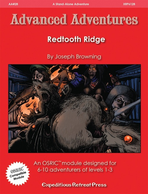 Redtooth Ridge PDF cover, featuring a fantasy illustration on a bold red background; designed for OSRIC adventurers; 6-10 players of levels 1-3; by Joseph Browning, in a red and white color scheme with white text.