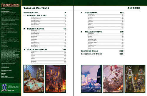 Pathfinder GM Core table of contents, featuring an array of illustrations depicting fantastical places, heroes, and creatures described within.